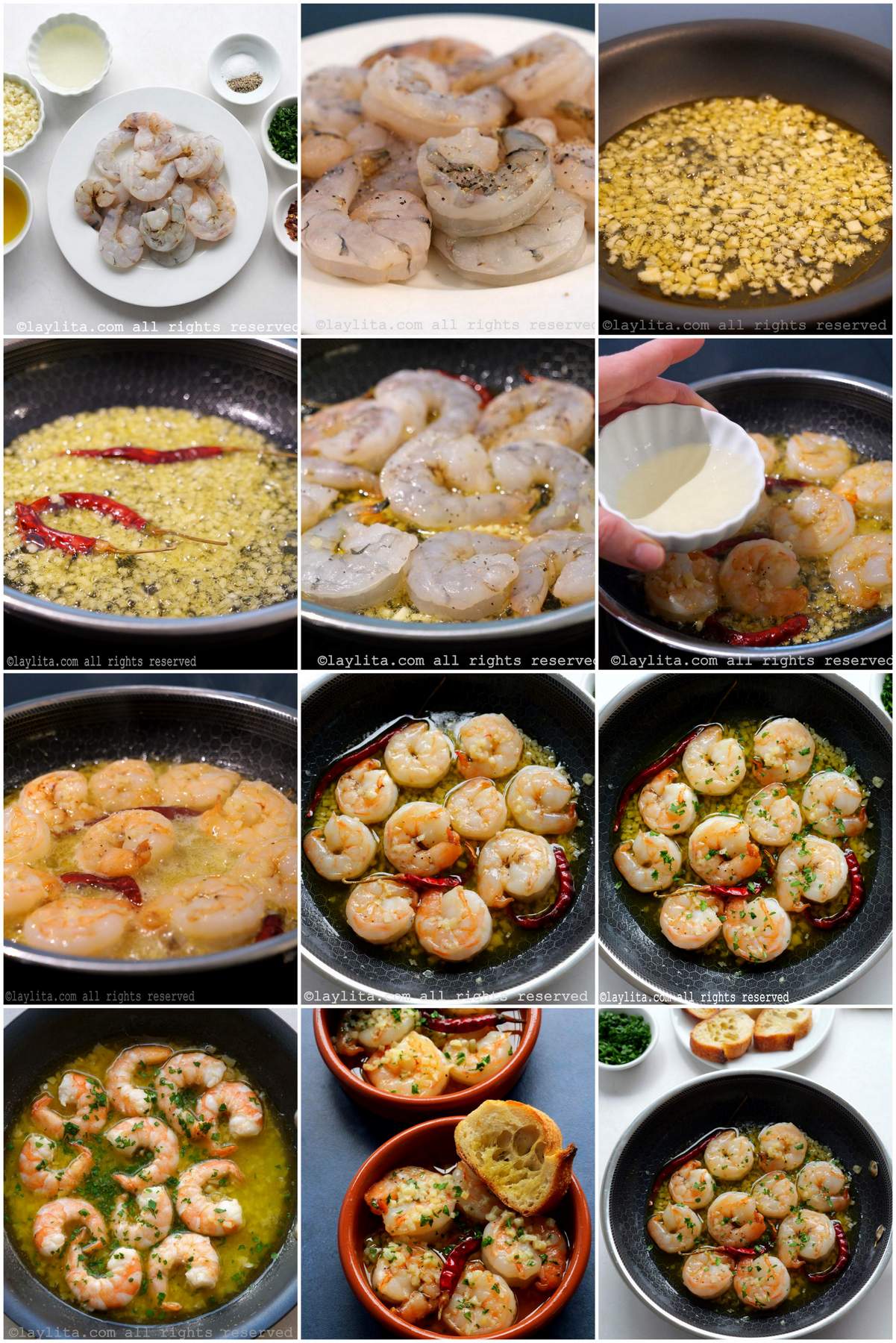 Photo collage of the step by step preparation process for Gambas al Ajillo or Spanish Garlic Shrimp