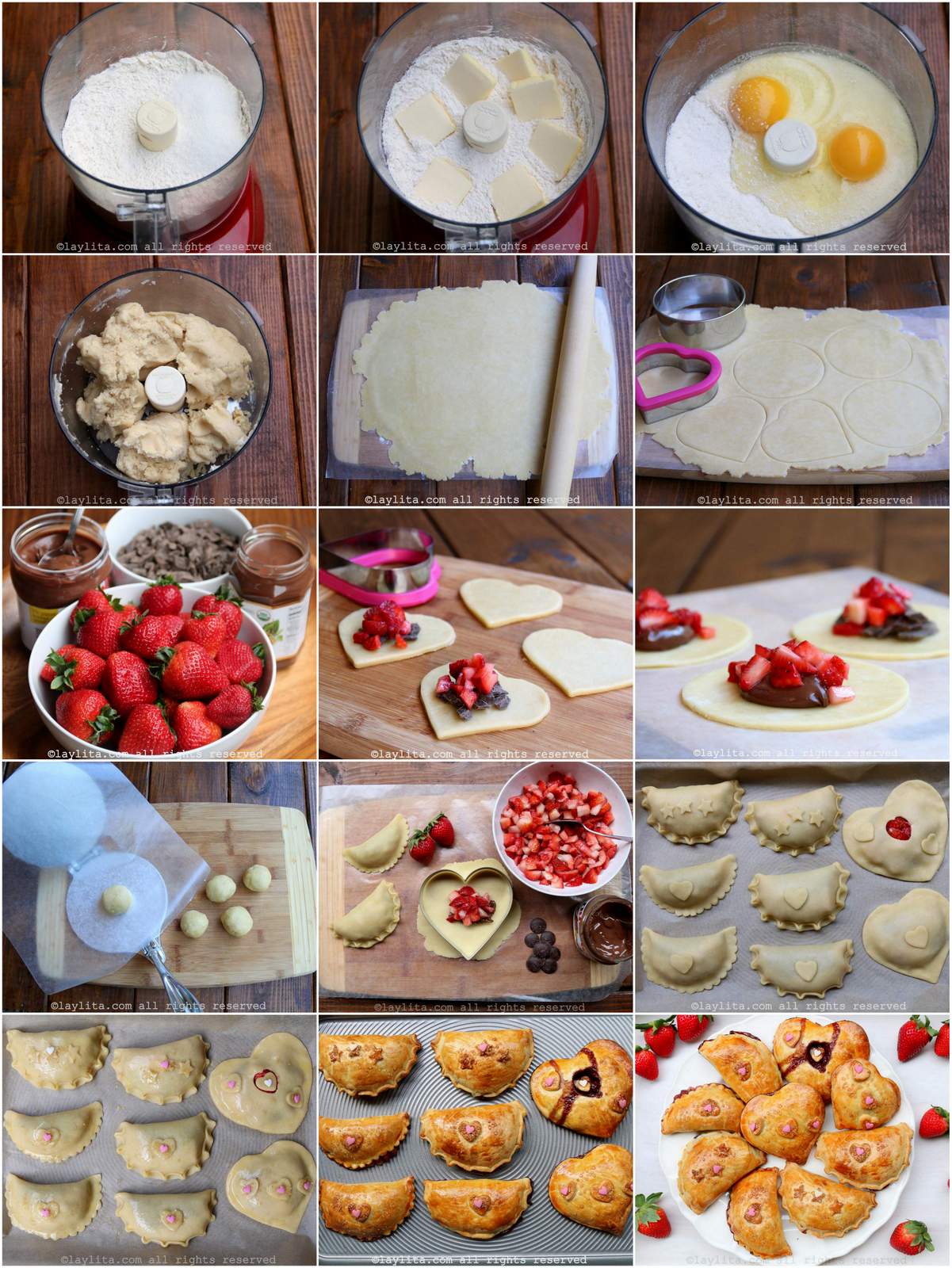 Photo collage of the step by step preparation process for chocolate strawberry empanadas