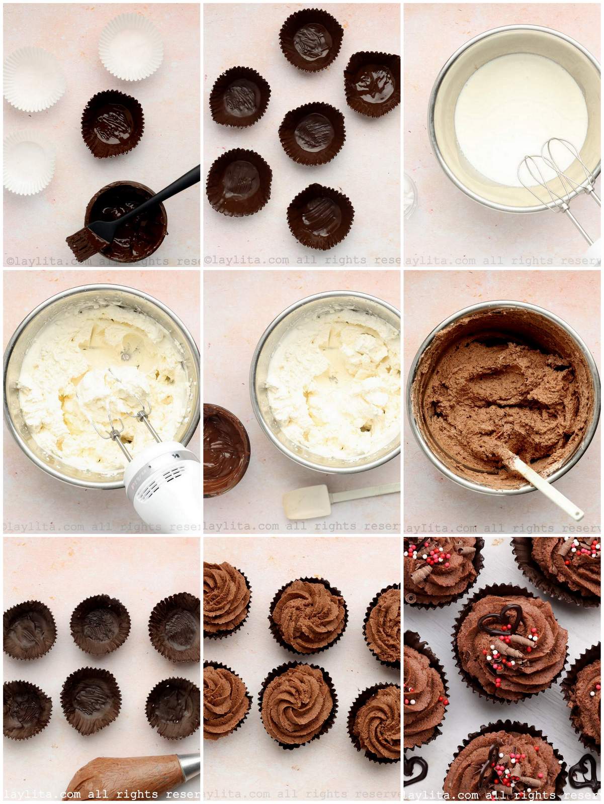 Collage of the step by step preparation process photos for chocolate mousse in edible chocolate cups