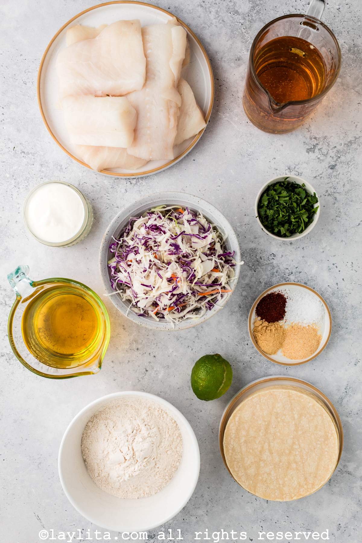 Ingredients for Baja Fish Tacos on a kitchen counter