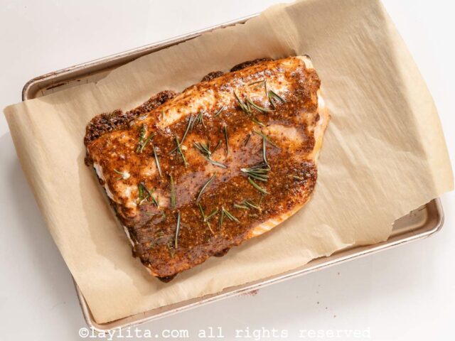 Maple mustard roasted salmon on a baking sheet after baking