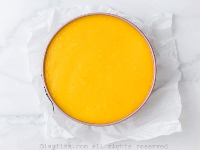 Mango cheesecake topped with a mango gelatin layer
