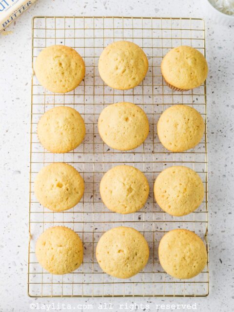 Baked cupcakes cooling down on a baking rack
