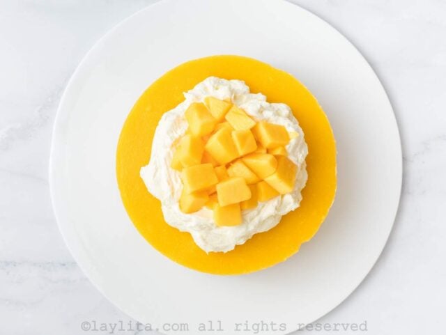 Mango cheesecake decorated with whipped cream and fresh diced mango on a large white platter