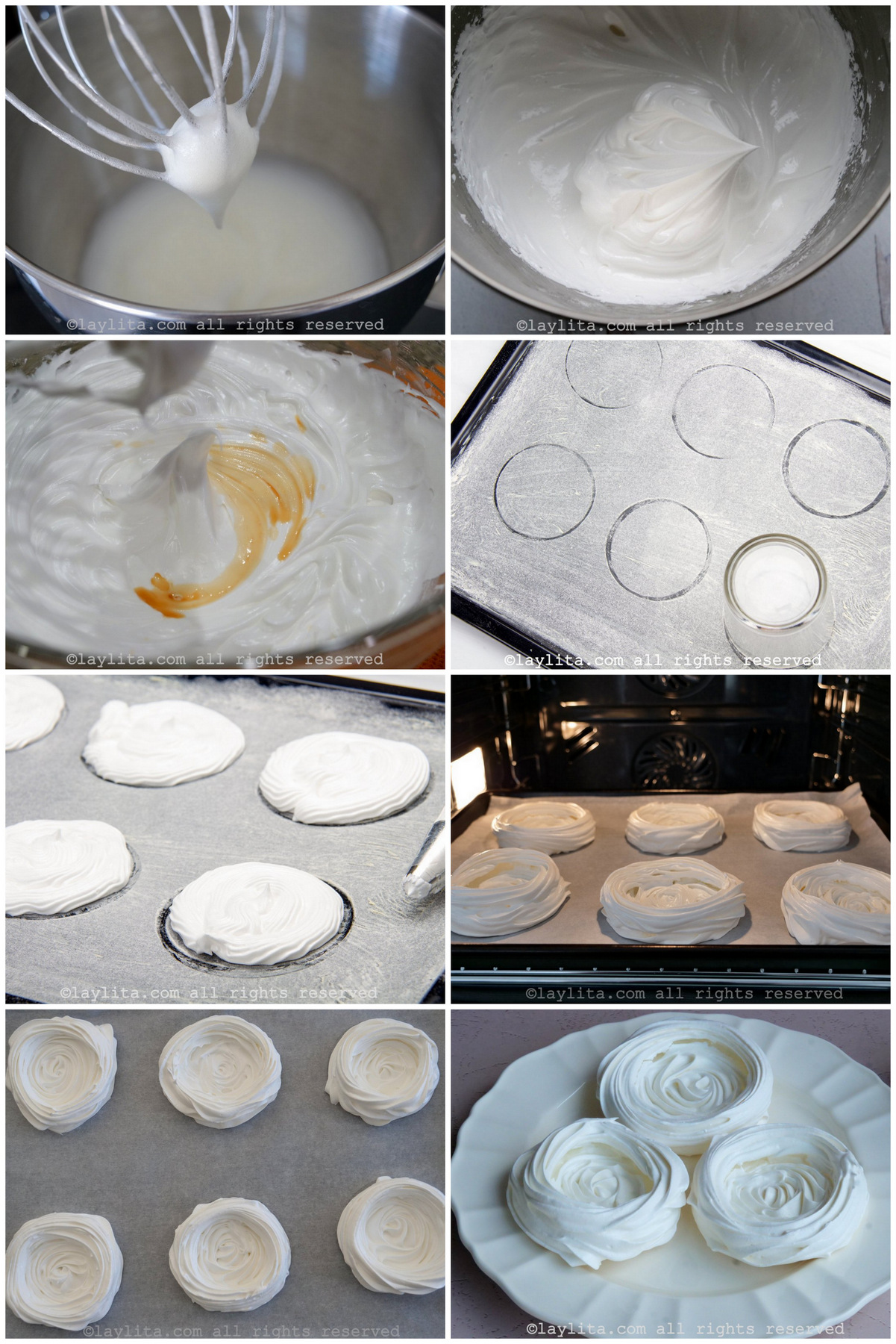 Collage of the step by step preparation process photos for Meringue Nests or Mini Pavlovas