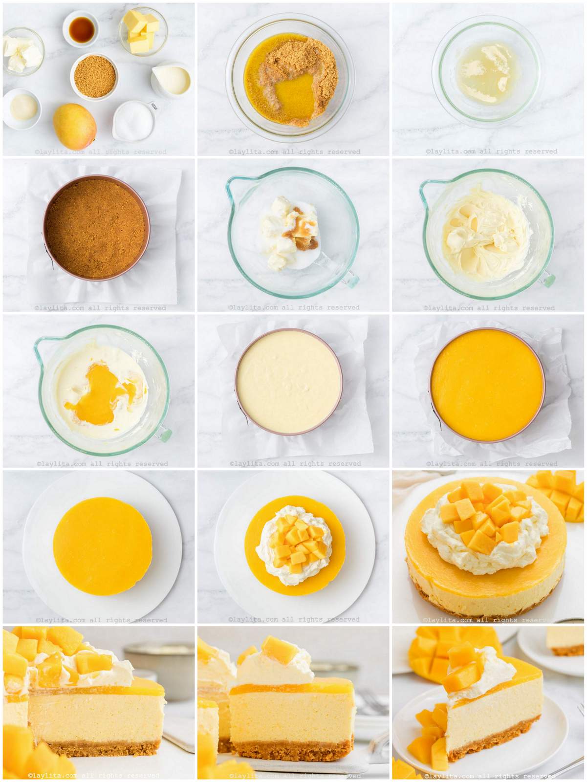 Collage of the step by step preparation photos for No Bake Mango Cheesecake recipe