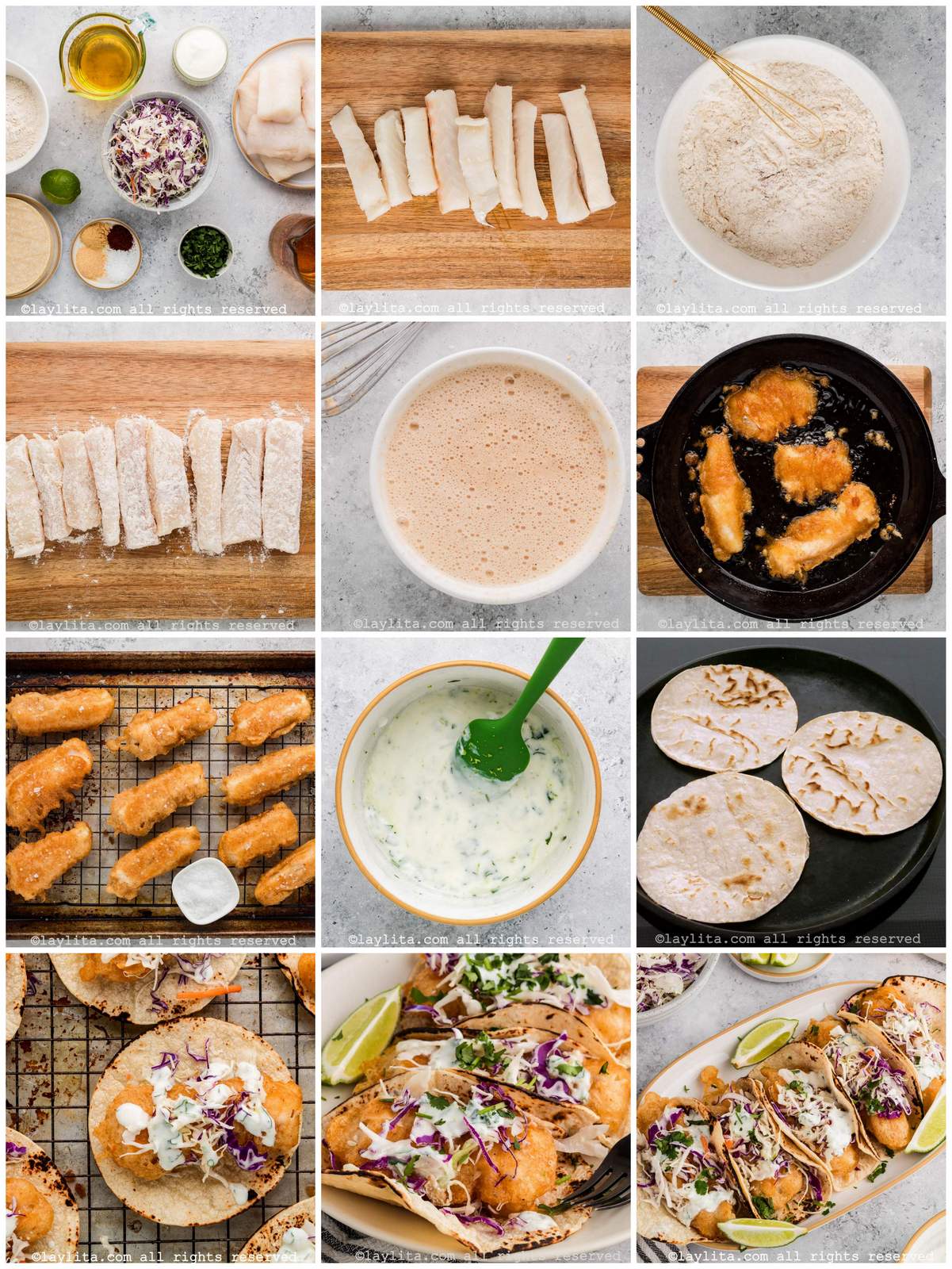 Photo collage of the step by step preparation process for Baja Fish tacos