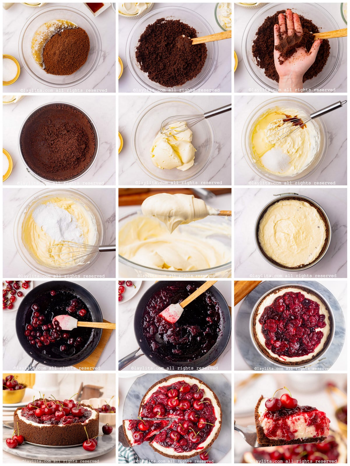 Photo collage of the step by step preparation process for a No-Bake Cherry Cheesecake with a Chocolate cookie crust