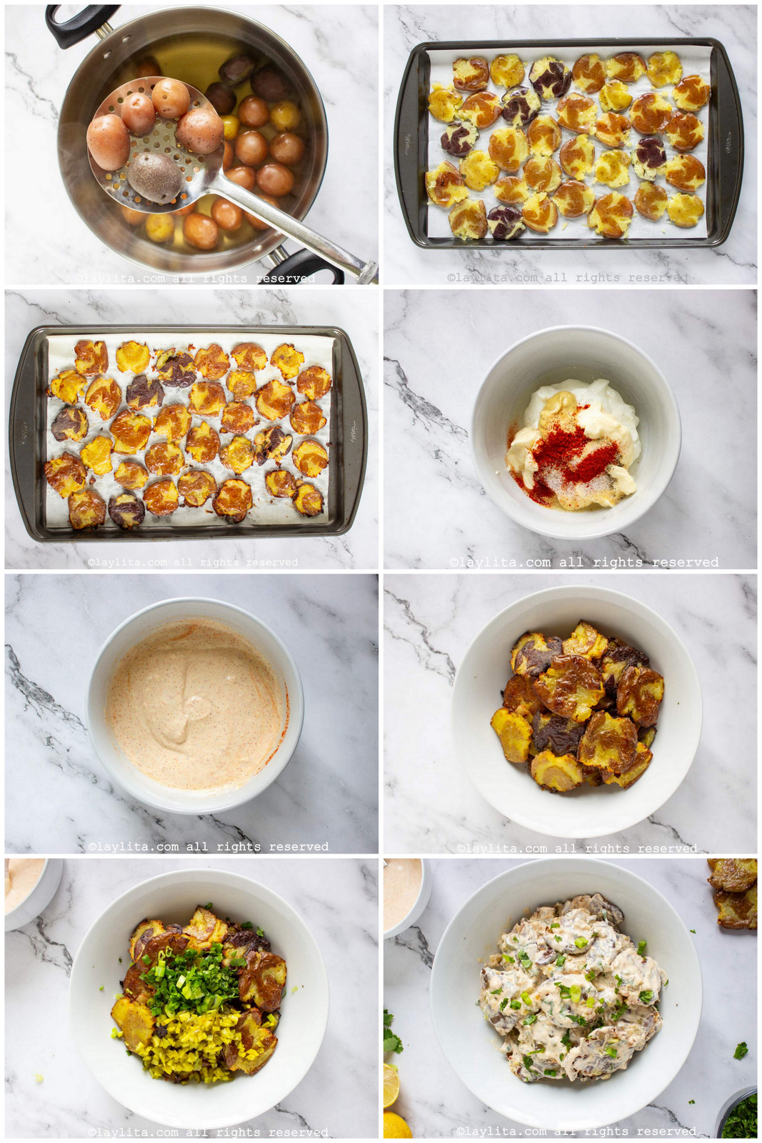 Photo collage of the step by step preparation process for crispy mashed potato salad with yogurt dressing