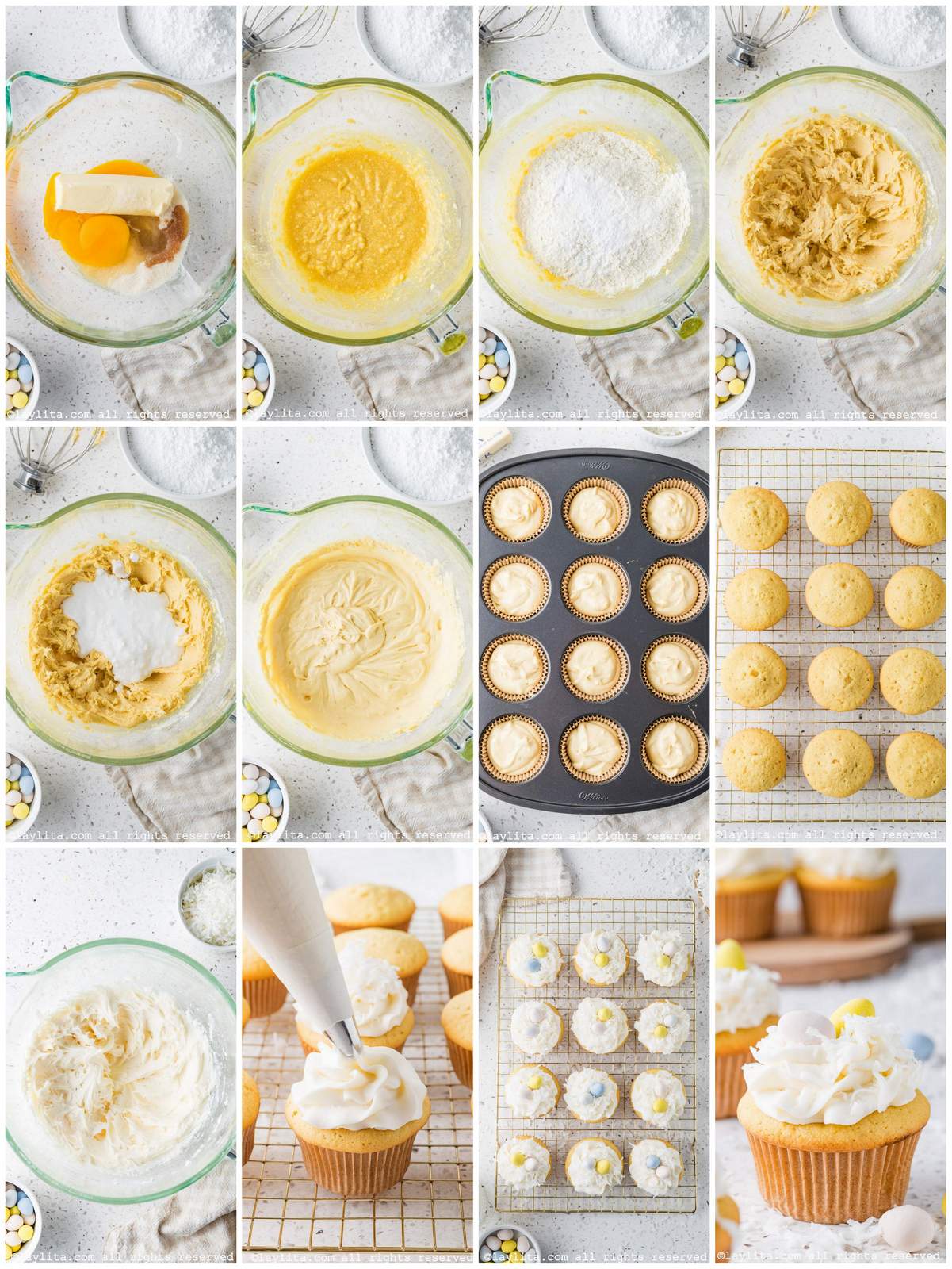 Photo collage of the step by step preparation process for making Coconut Cupcakes with coconut buttercream frosting