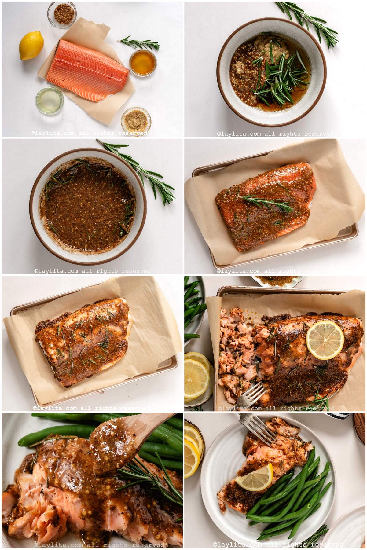 Photo collage of the step by step preparation process for maple mustard glazed baked salmon