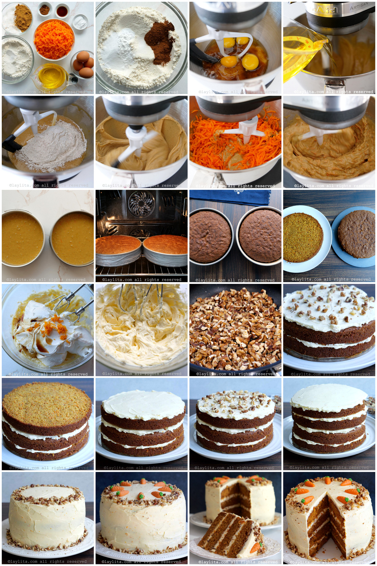 Collage of the step by step preparation process photos for layered carrot cake with cream cheese frosting