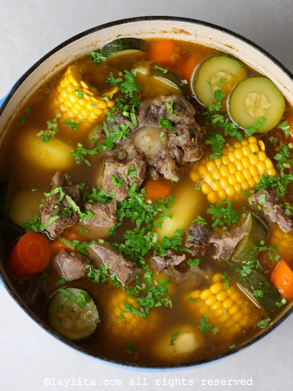 Close up of Mexican caldo de res beef soup in a large Dutch oven pot.