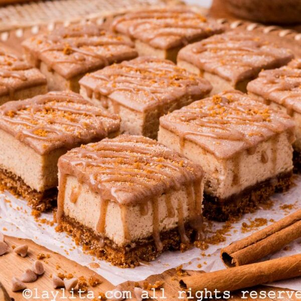 Side view of several churro cheesecake bars on parchment paper with cinnamon sticks and cinnamon chips on the side
