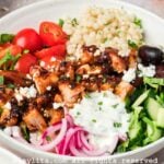 Close up overhead shot of a harissa chicken bowl with veggies and sauce