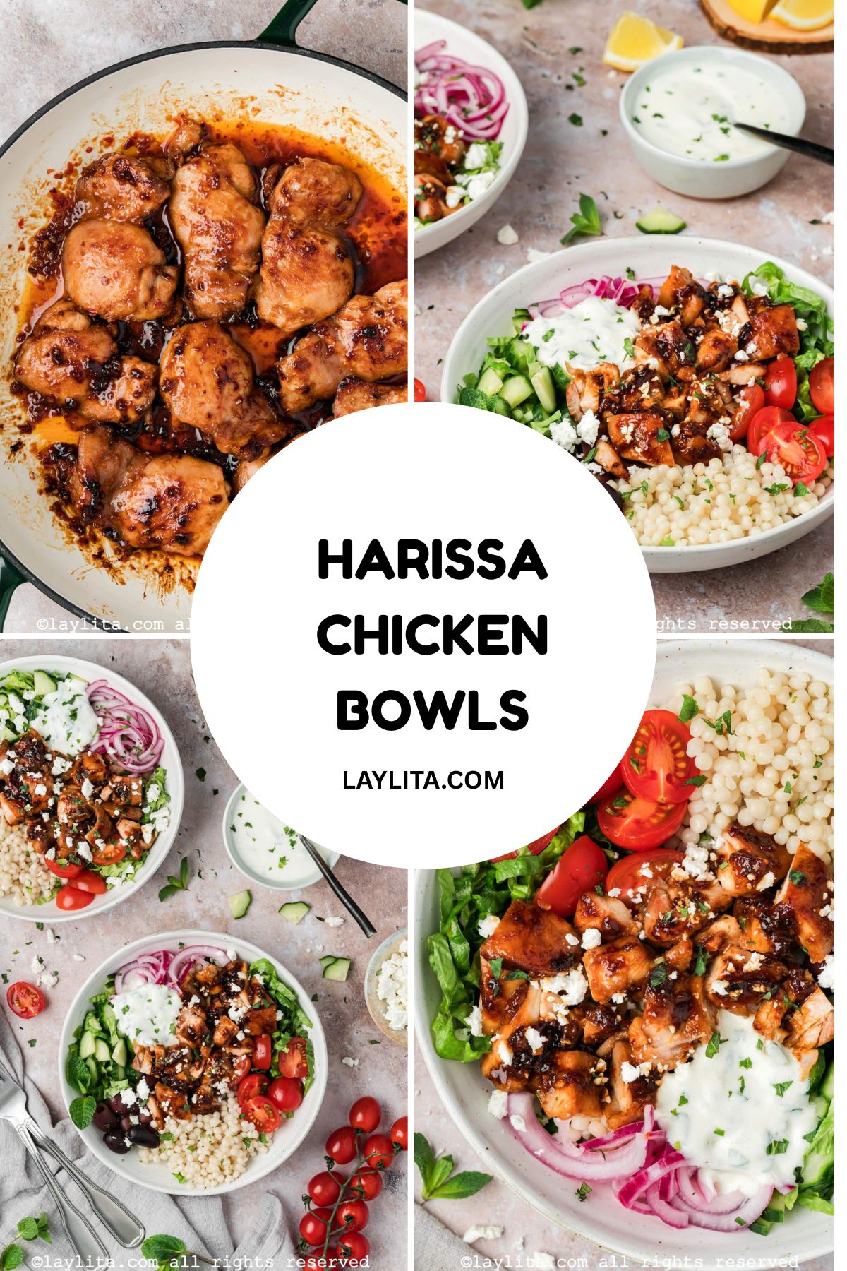 Collage of four different photos of Harissa Chicken Bowls with text on it