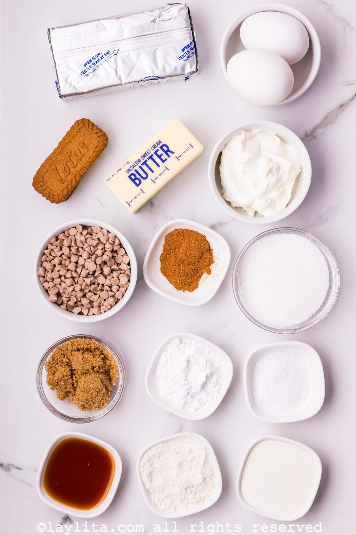 Ingredients needed for Churro Cheesecake Bars on a kitchen counter