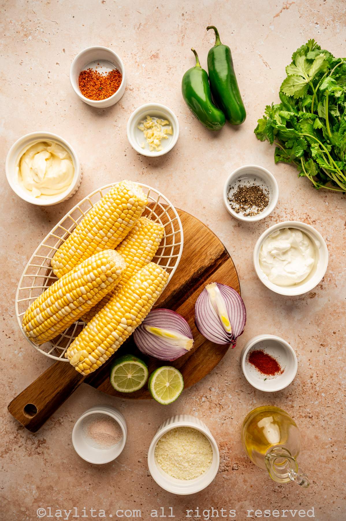 Ingredients for Grilled Mexican Street Corn Salad or Esquites de Elote on a kitchen counter
