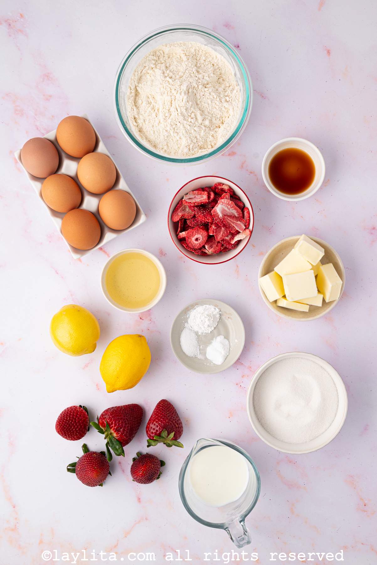 Ingredients for Strawberry Lemonade Filled Cupcakes on a kitchen counter