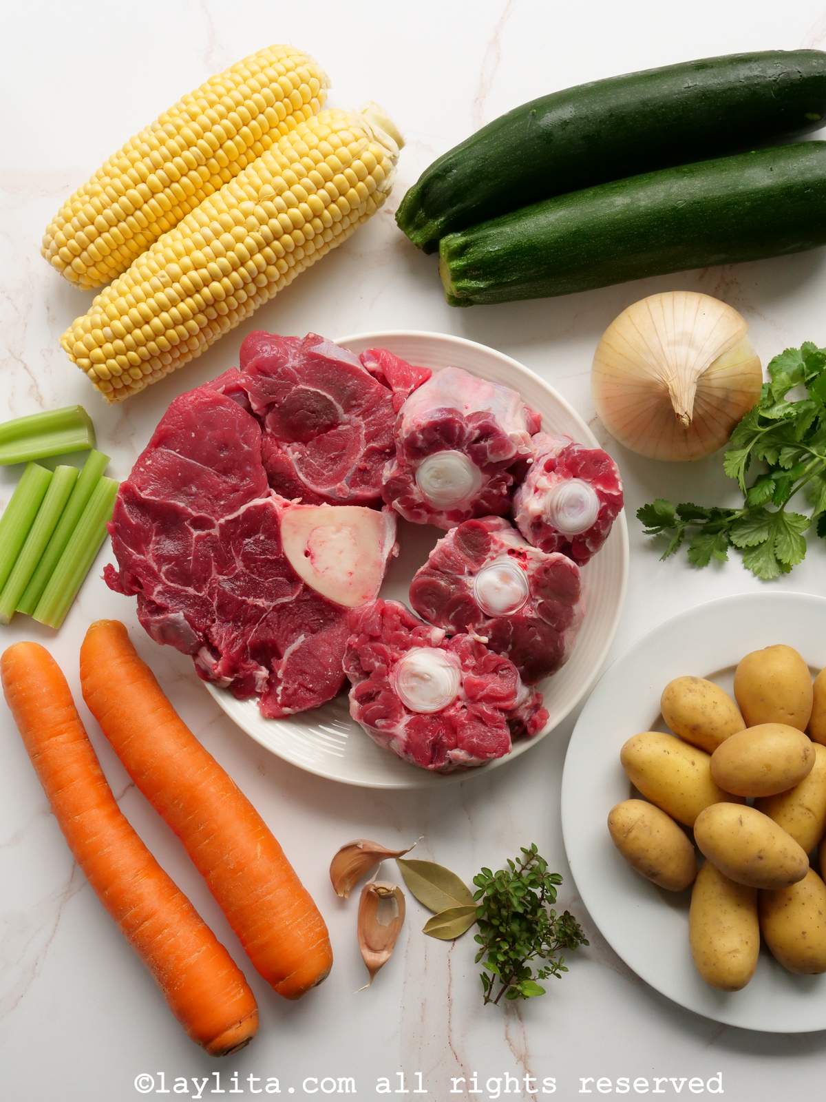 Ingredients for caldo de res con verduras or Mexican beef soup with vegetables on a kitchen counter