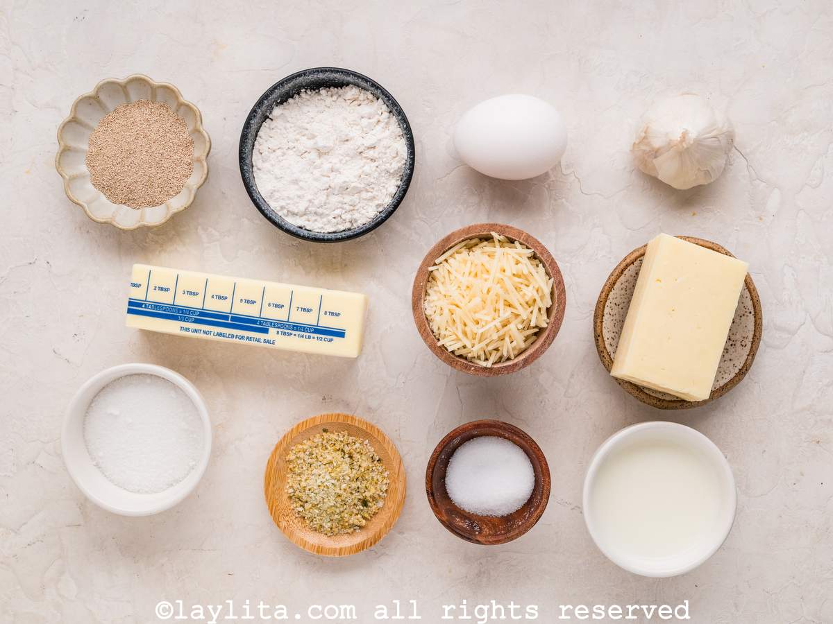 Ingredients for homemade Cheese Stuffed Dinner Rolls on a kitchen counter