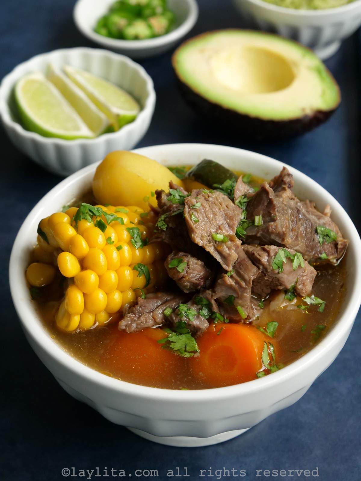 Side view of a white bowl of beef vegetable soup with garnishes in the background