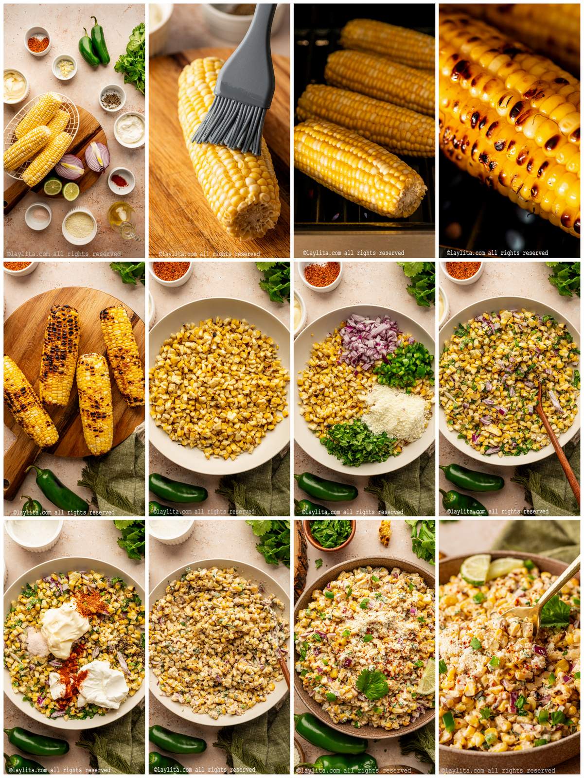 Collage of the step by step preparation process photos for Mexican Street Corn Salad or Esquites de Elote