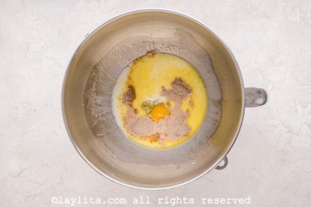 In the bowl of a stand mixer use a fork to mix together the milk, melted butter, sugar, egg, and yeast.