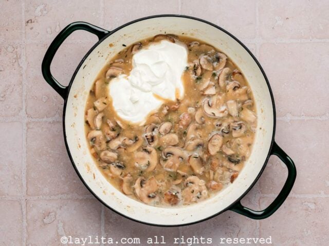 Making Stroganoff sauce for Beef Meatballs