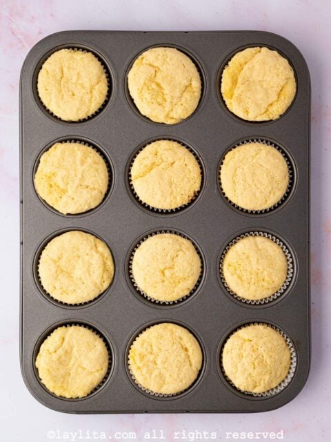 Overhead view of a baking pan with lemon cupcakes just out of the oven