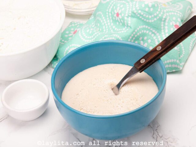 Activating the yeast for bread rolls