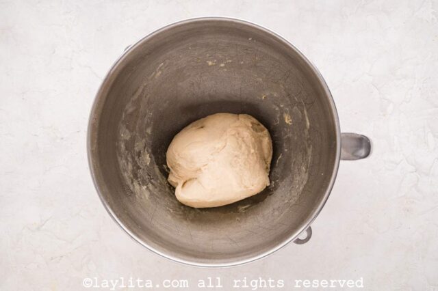 A ball of dough in a mixing bowl