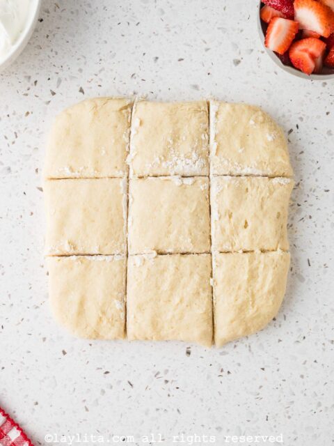 A square piece of dough cut into 9 squares