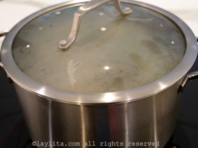 A large stainless steel pot with a lid on it