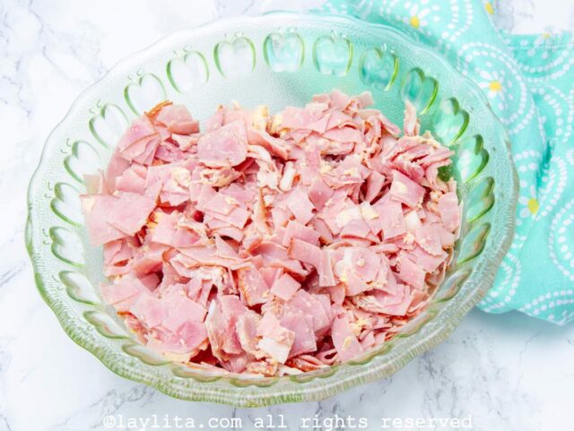 Ham, bacon and butter mixed in a bowl