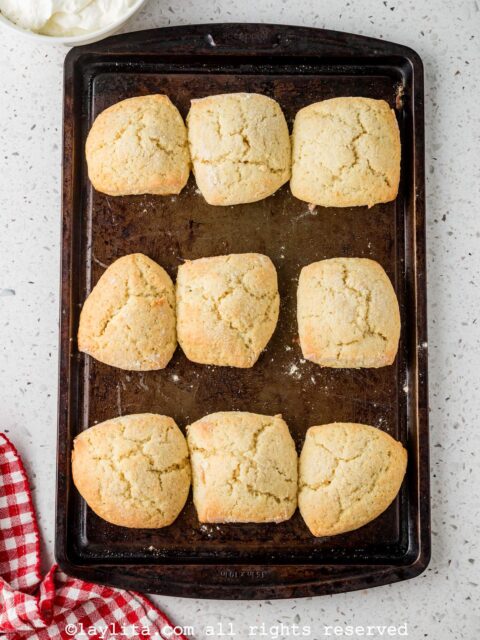 Overhead shot of a baking sheet with several shortcake biscuits after baking