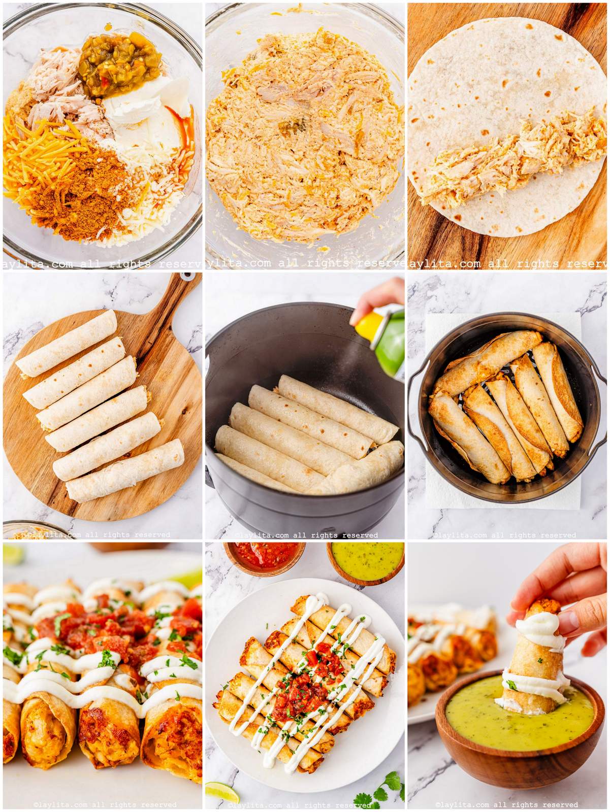 Photo collage of the step by step preparation process for Air Fryer Chicken Taquitos or Flautas de Pollo y Queso