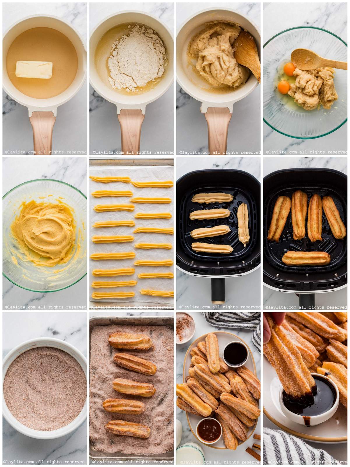 Photo collage of the step by step preparation process for Air Fryer Churros recipe