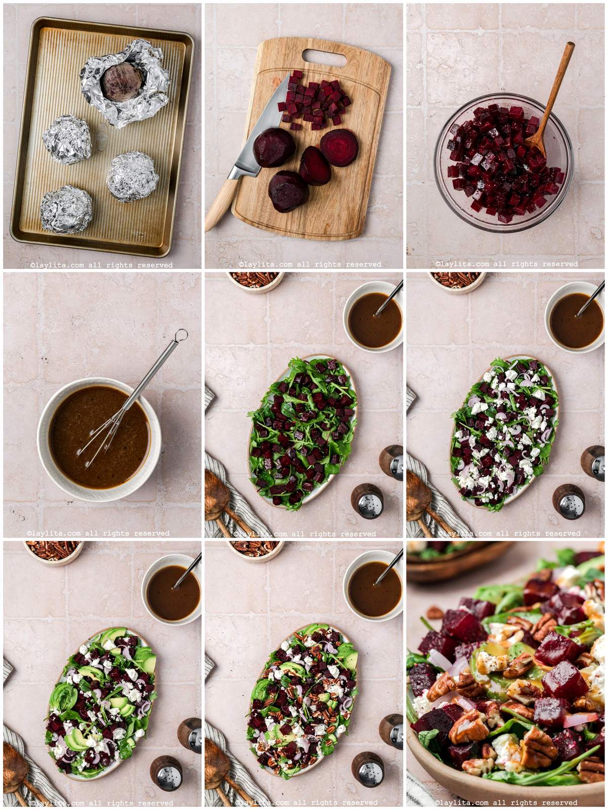 Collage of the step by step preparation process photos for Beet Salad with Feta Avocado and Pecans