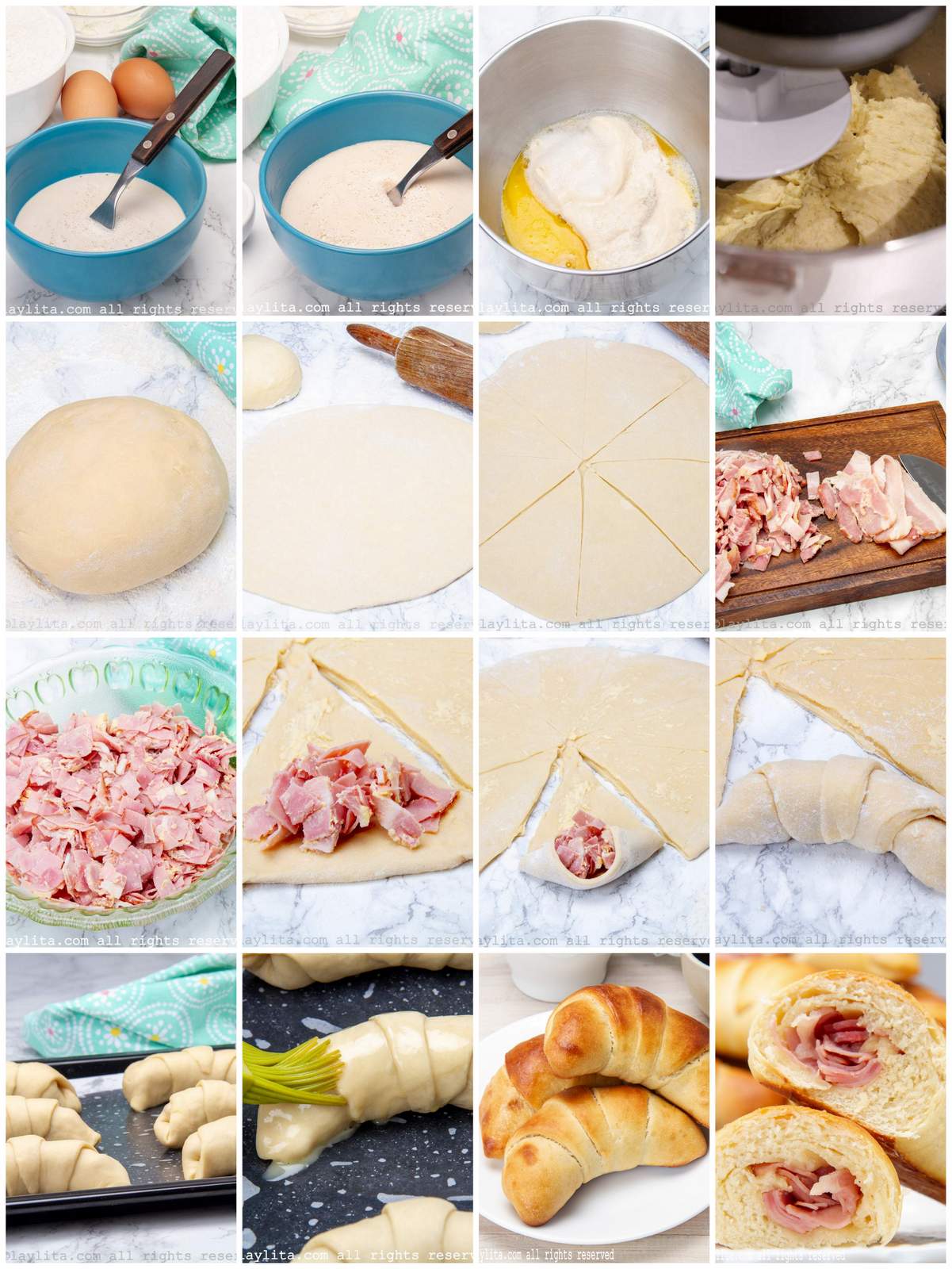 Photo collage of the step by step preparation process for Venezuelan Cachitos de Jamon or ham stuffed bread rolls