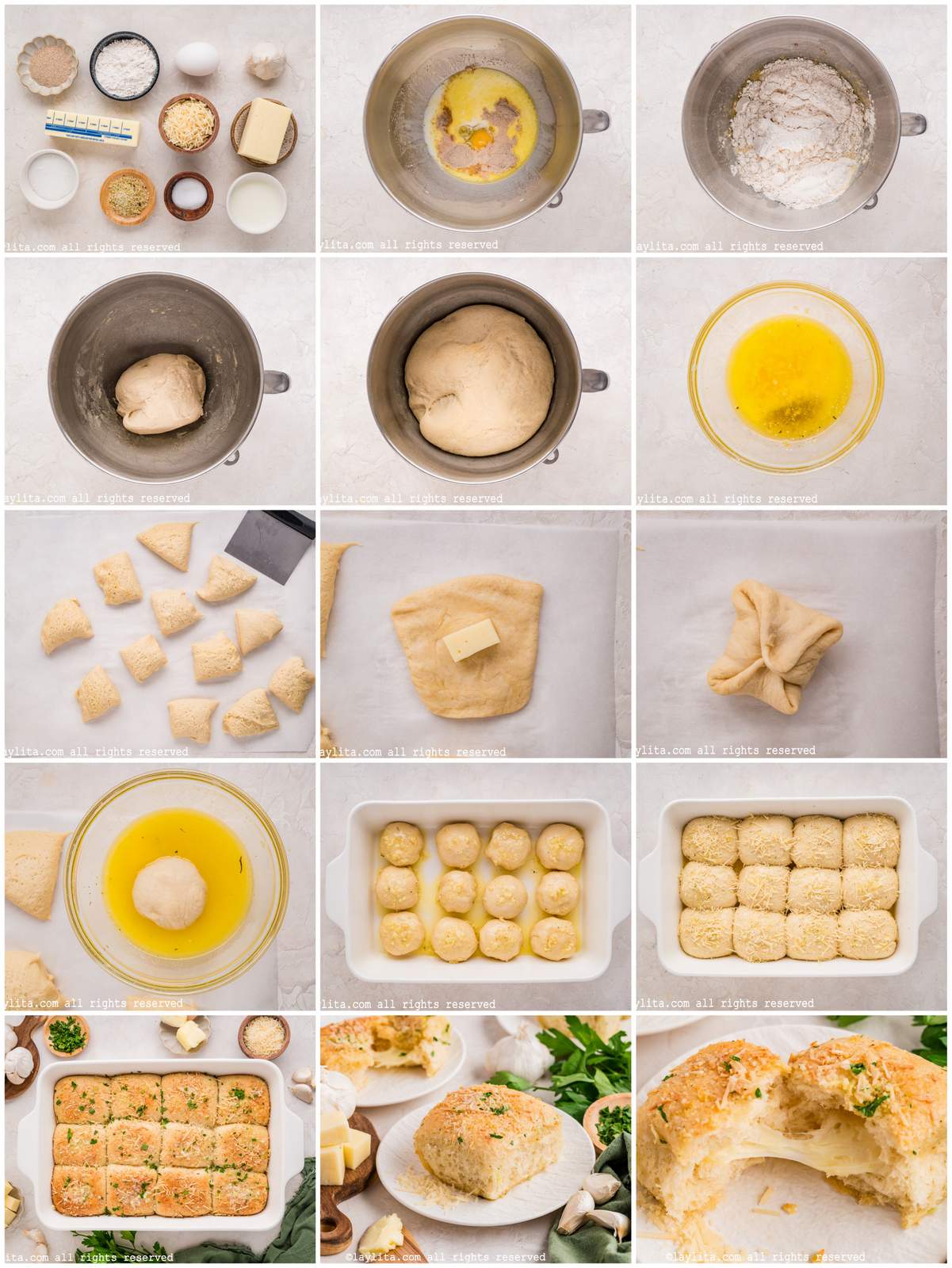 Photo collage of the step by step preparation process for cheese stuffed dinner rolls