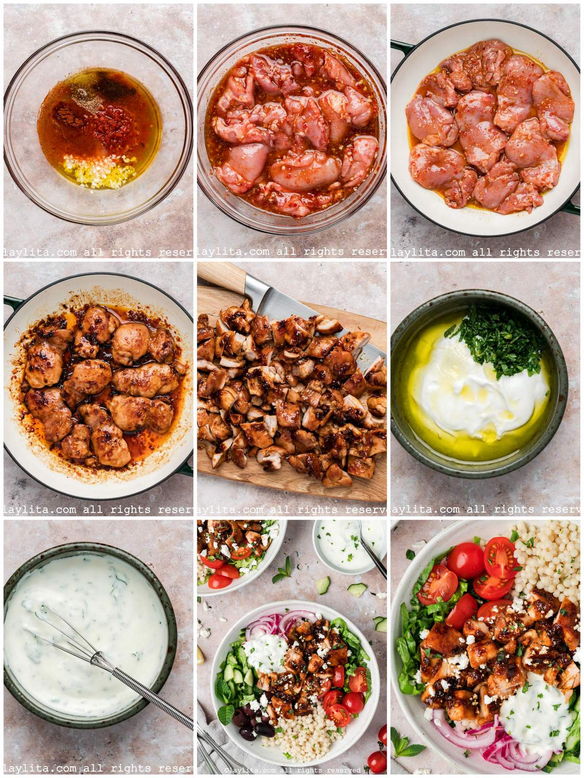 Photo collage of the step by step preparation process for Honey Harissa Chicken bowls with mint yogurt sauce