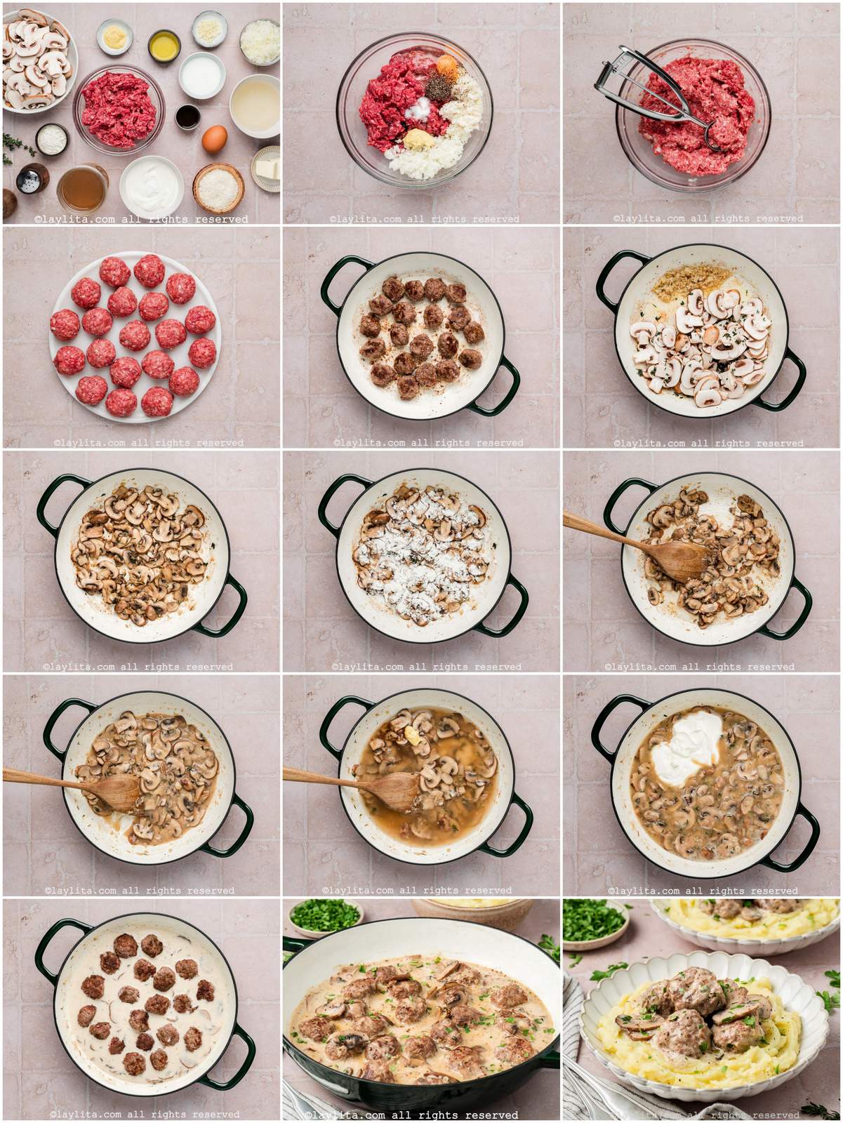 Collage of the step by step preparation process photos for Beef Stroganoff Meatballs recipe