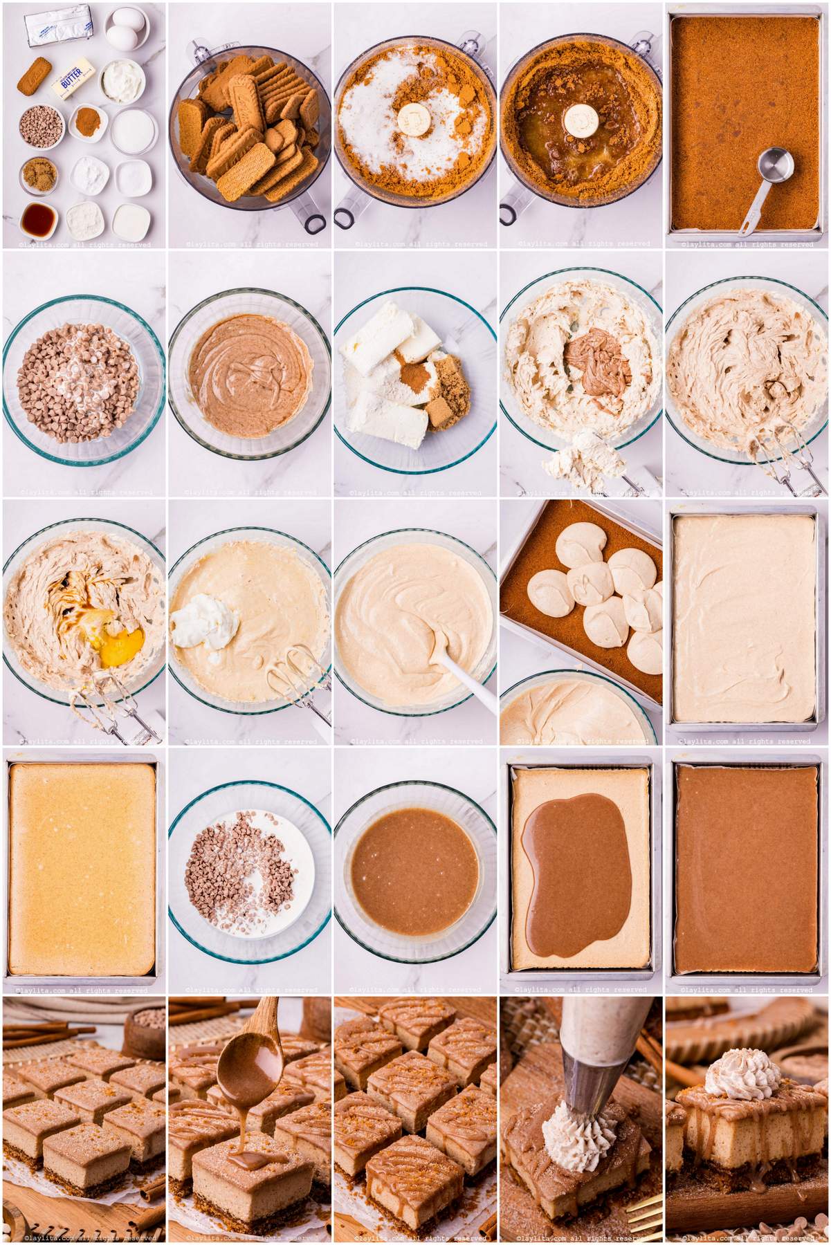 Collage of the step by step preparation process photos for Churro Cheesecake Bars