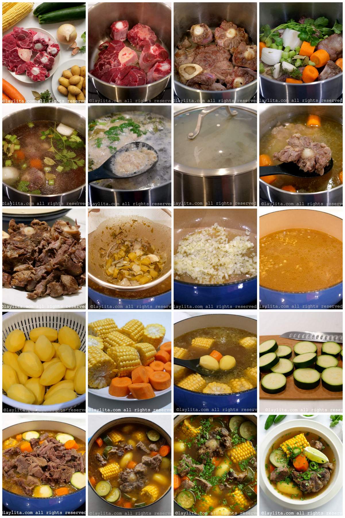 Collage of the step by step preparation process photos for Mexican Caldo de Res or Beef Soup with Vegetables