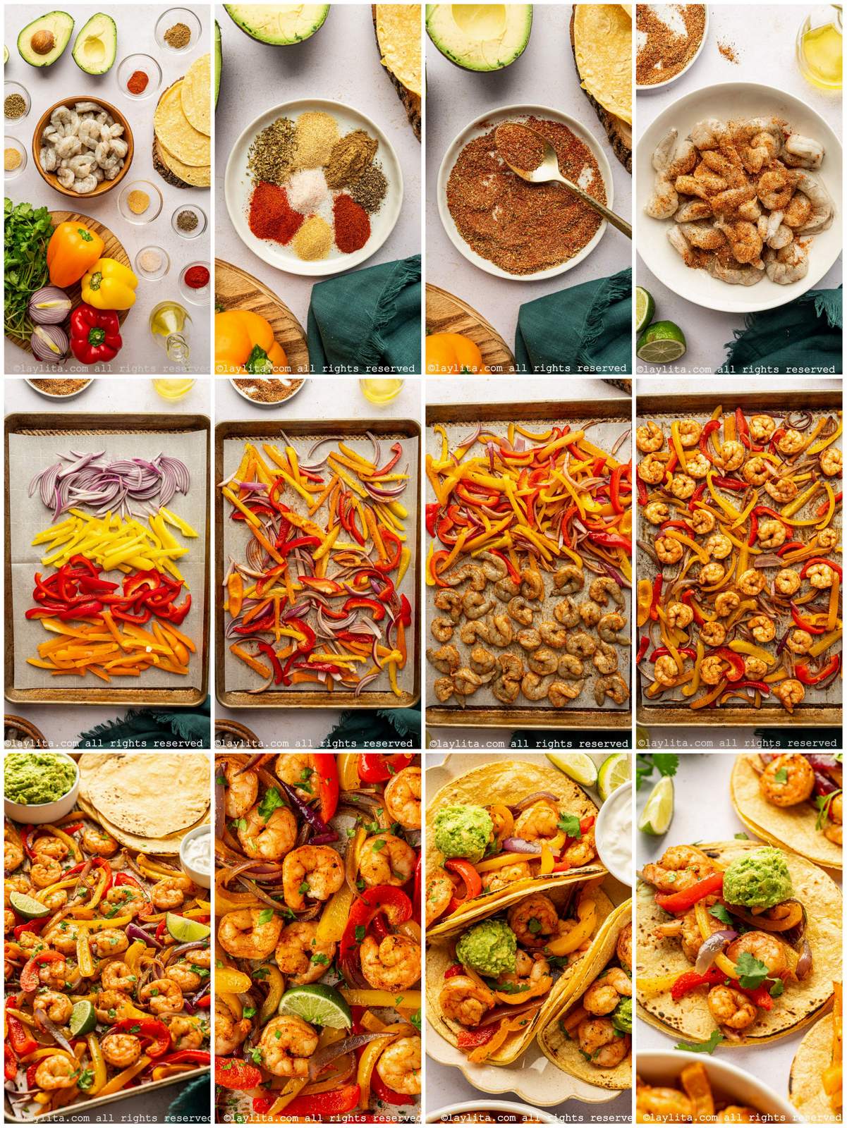 Collage of the step by step preparation process photos for Sheet Pan Shrimp Fajitas