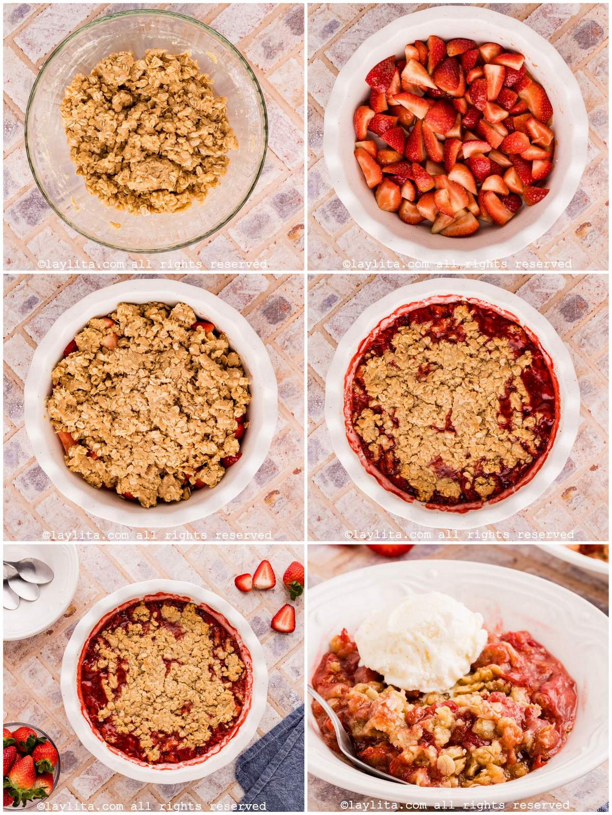 Collage of the step by step preparation process photos for Strawberry Crisp