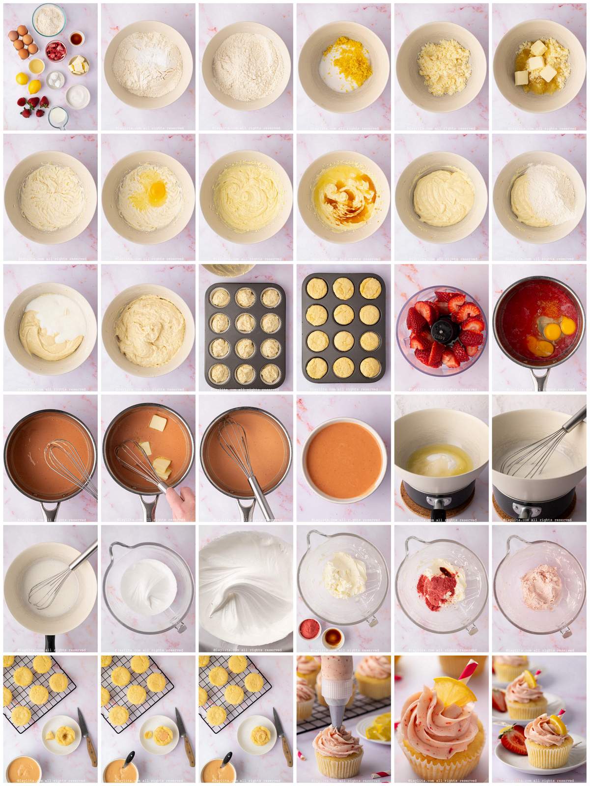 Collage of the step by step preparation process photos for a Strawberry Lemonade Filled Cupcakes recipe