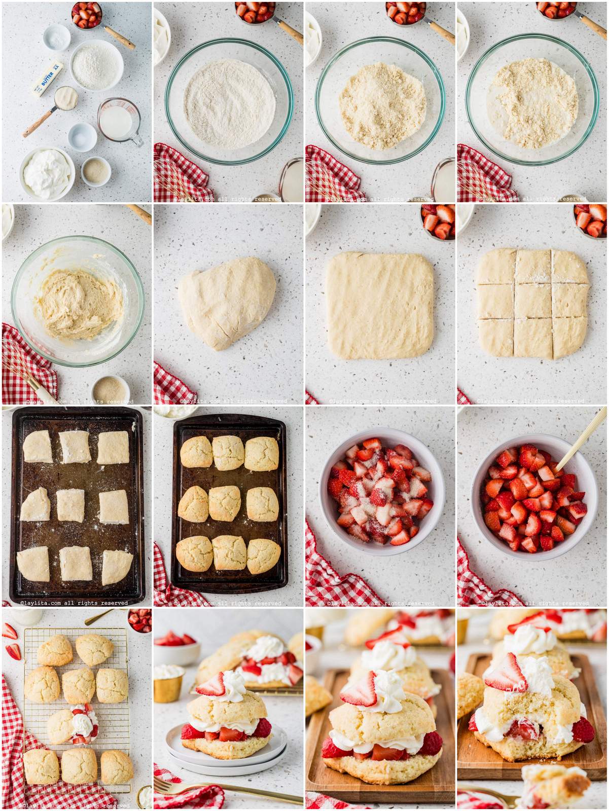 Collage of the step by step preparation process photos for strawberry shortcake recipe
