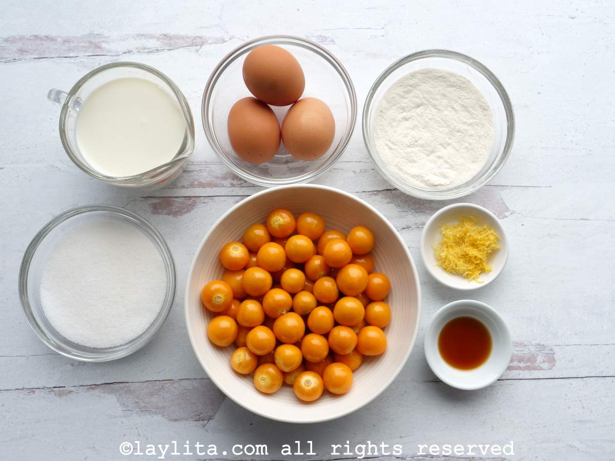 Ingredients for uvilla clafoutis on a kitchen table